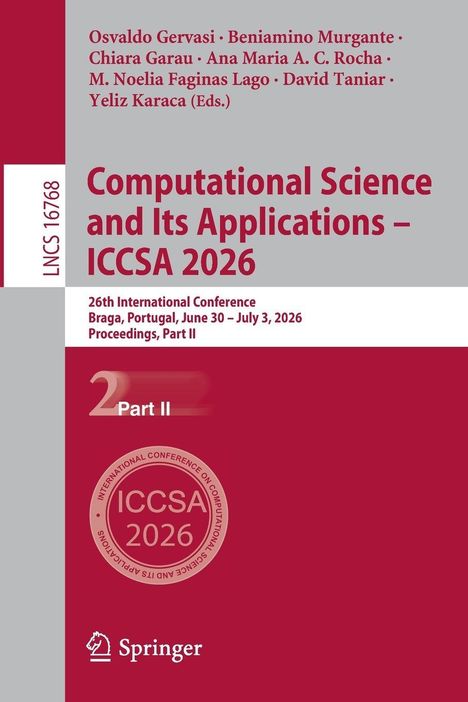 "Computational Science and Its Applications – ICCSA 2026," 26. Konferenz in Braga, Portugal. Roter Hintergrund.