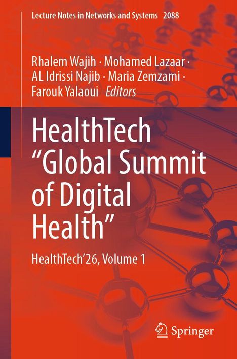 Text: HealthTech "Global Summit of Digital Health" HealthTech’26, Volume 1. 
Orange Hintergrund mit Molekülstruktur.