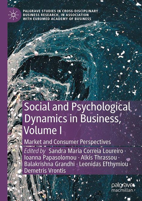 Buchtitel: "Social and Psychological Dynamics in Business, Volume I". Abstrakte, marmorierte Blau- und Weissmusterung.