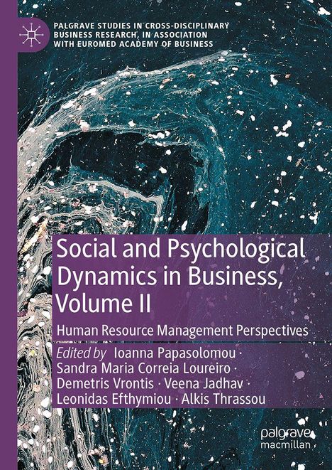 "Social and Psychological Dynamics in Business, Volume II" steht auf violettem Hintergrund. Abstraktes Muster in Blau und Weiß. Logo oben links.