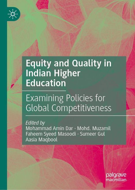 Titel: "Equity and Quality in Indian Higher Education" und Autorenliste. Grüne und pinke Blatt-Illustration.