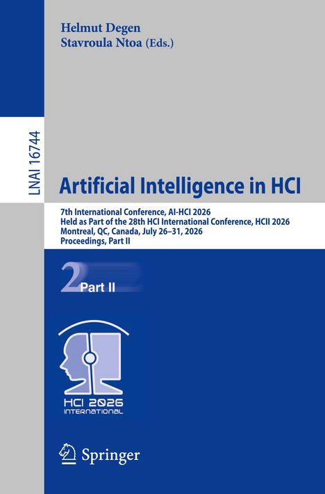Buchcover: „Artificial Intelligence in HCI“, Konferenz in Montreal 2026, Part II. Logo: Kopf mit Kopfhörer, Springer.