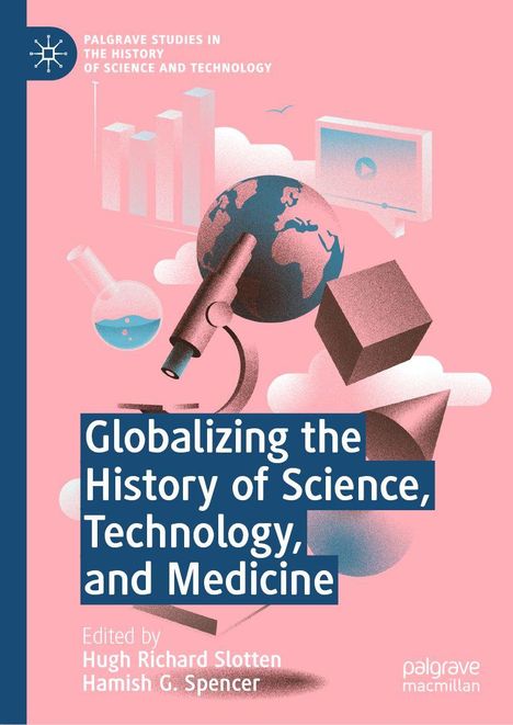 "Globalizing the History of Science, Technology, and Medicine." Vor einem blauen Hintergrund sind Globus, Mikroskop und Diagramme.