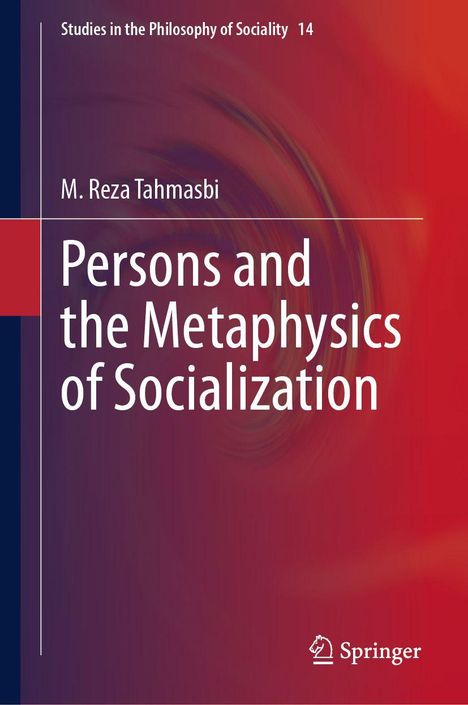 "Persons and the Metaphysics of Socialization" von M. Reza Tahmasbi. Rote, verwirbelte Hintergrundgrafik.