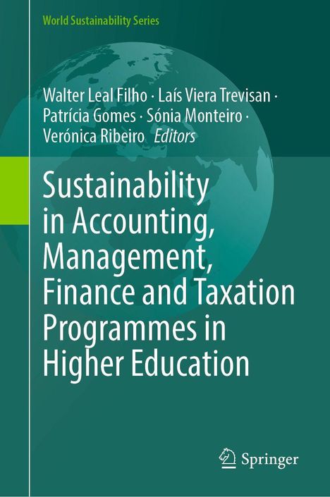 Text: "Sustainability in Accounting, Management, Finance and Taxation Programmes in Higher Education". Grüne Weltkarte, Springer-Logo.