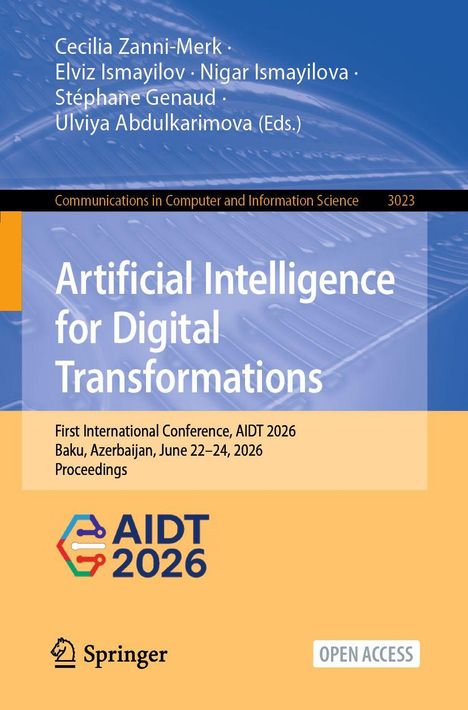 Titel: "Artificial Intelligence for Digital Transformations". Buchcover mit Konferenzdetails und dem AIDT 2026 Logo.