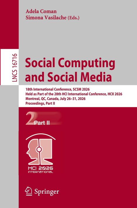 Titel: "Social Computing and Social Media". Konferenz in Montreal 2026. Autoren: Adela Coman, Simona Vasilache. Springer-Logo.