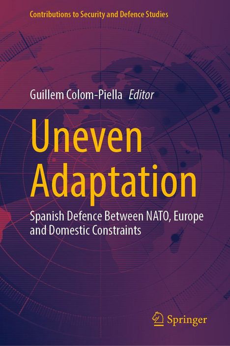 „Uneven Adaptation: Spanish Defence Between NATO, Europe and Domestic Constraints“ von Guillem Colom-Piella, auf violettem Hintergrund.