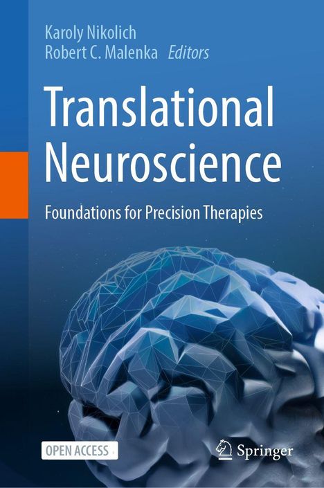 Text: „Translational Neuroscience: Foundations for Precision Therapies“ von Karoly Nikolich, Robert C. Malenka. Gehirn-Illustration.