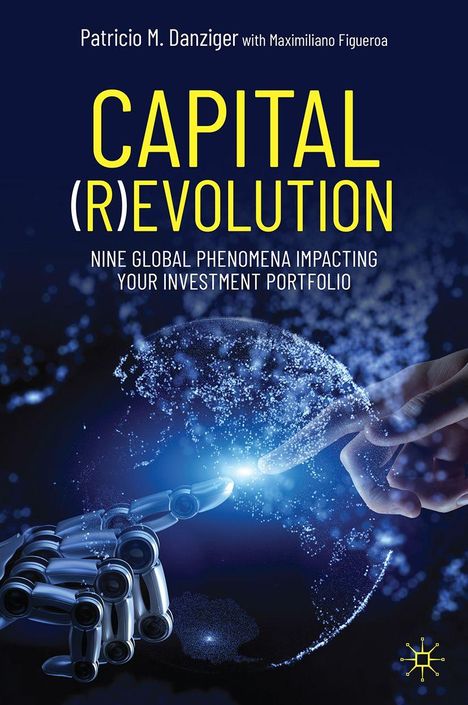 "Capital (R)evolution" von Patricio M. Danziger. Roboterhand berührt menschliche Hand, umgeben von digitalen Partikeln.