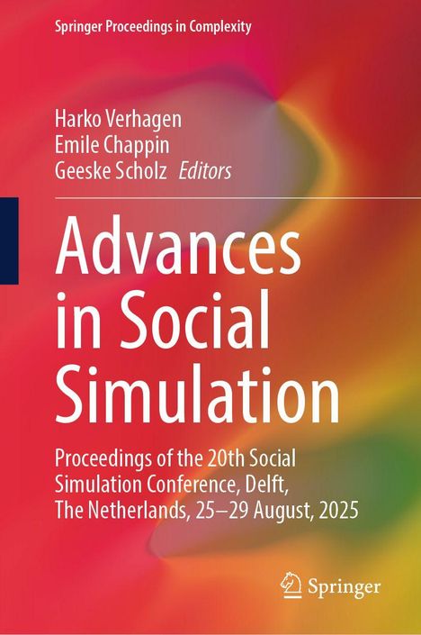 Titel: Advances in Social Simulation. Konferenz in Delft, Niederlande, 25.–29. August 2025. Rotes und oranges Design.