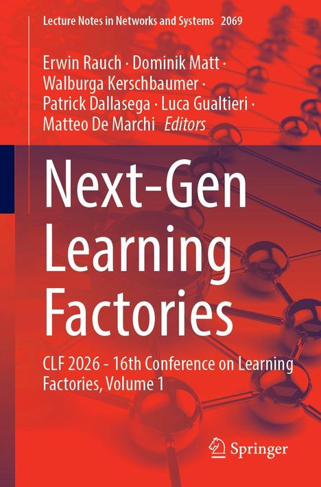 „Next-Gen Learning Factories“, Herausgeber und Konferenzdetails auf rotem Hintergrund mit Molekülstruktur. Springer-Logo.