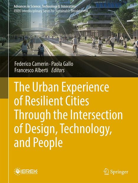 Text mit Autoren, Redaktion und Titel eines Buches über städtische Resilienz. Moderne Stadt mit Radfahrern.