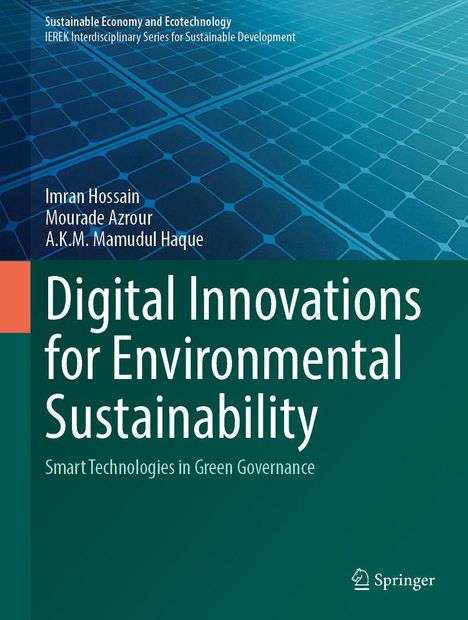 „Digital Innovations for Environmental Sustainability“ steht in großen Buchstaben. Hintergrund zeigt ein Solarpanel-Muster.