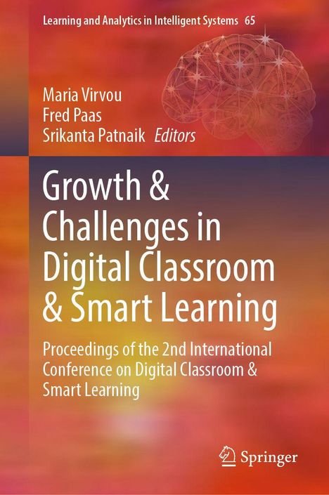 Titel: Growth & Challenges in Digital Classroom & Smart Learning. Bunte orange-rote abstrakte Illustration mit einem Gehirn.
