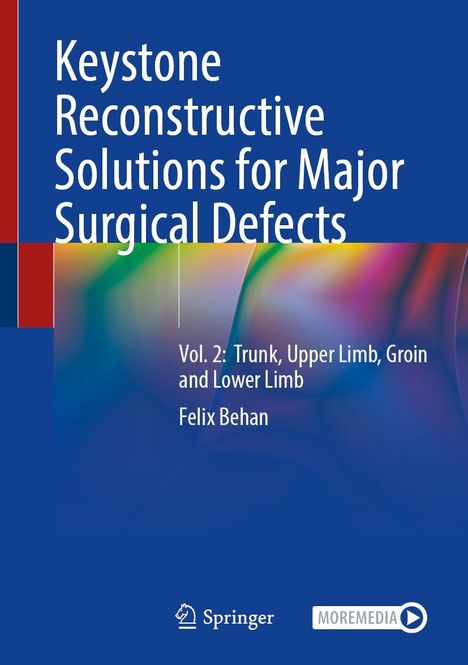Text: "Keystone Reconstructive Solutions for Major Surgical Defects, Vol. 2, Felix Behan." Logo von Springer unten. Hintergrund bunt.