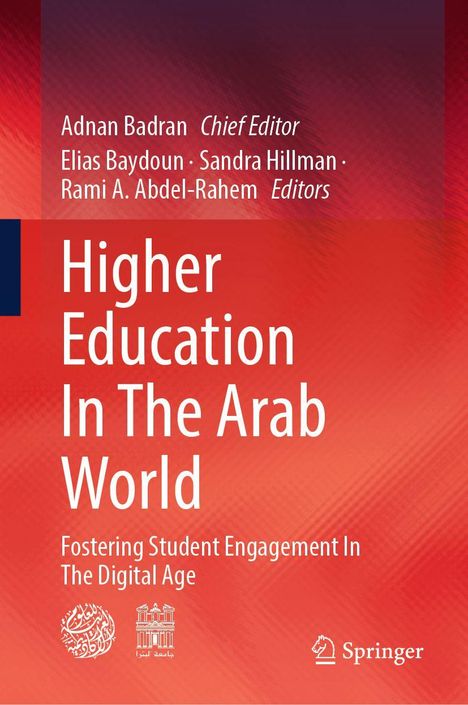 "Higher Education In The Arab World: Fostering Student Engagement In The Digital Age" steht auf einem rot-orangefarbenen Hintergrund.