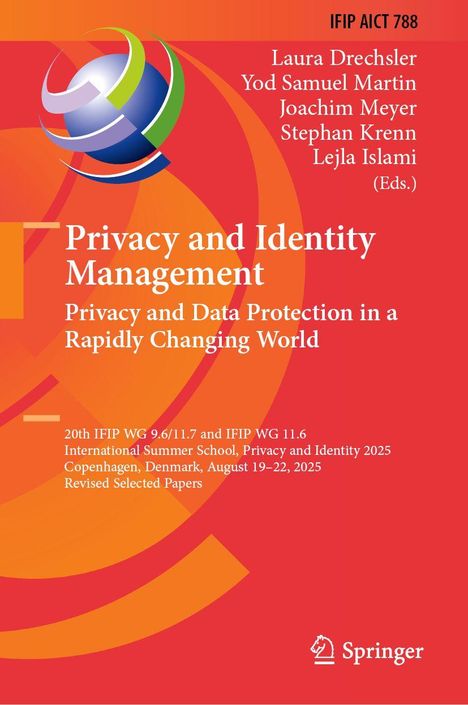 "Privacy and Identity Management", rote Hintergr., bunte Kugel-Illustration, Springer-Logo unten rechts.