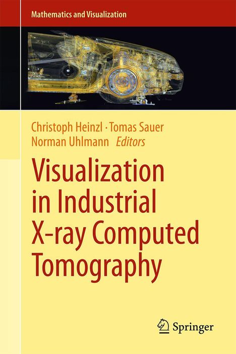 "Visualization in Industrial X-ray Computed Tomography", Gelber Hintergrund, Röntgenansicht eines Autos, Springer-Logo.