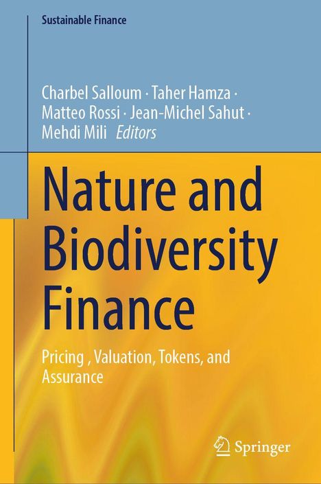 Text: "Nature and Biodiversity Finance". Herausgeber: Charbel Salloum u.a. Farben: Blau und Gelb. Logo: Springer.