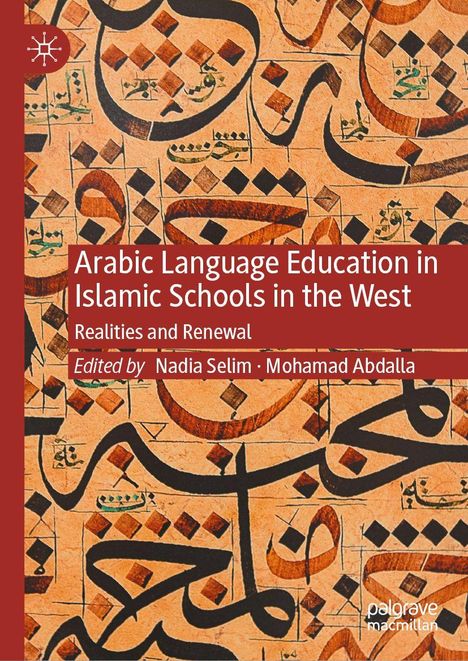 „Arabic Language Education in Islamic Schools in the West“, rote und schwarze arabische Kalligraphie auf beigem Hintergrund.