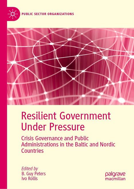 Resilient Government Under Pressure. Netzwerk aus weißen Linien und Punkten auf rosa Hintergrund.