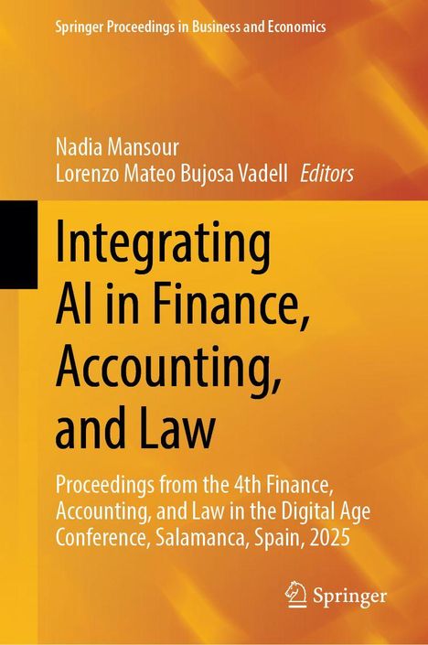 Titel: "Integrating AI in Finance, Accounting, and Law". Gelb- und orangefarbener Hintergrund mit Springer-Logo unten rechts.