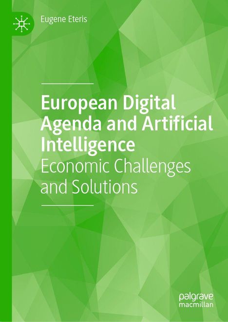 Titel: European Digital Agenda and Artificial Intelligence: Economic Challenges and Solutions. Grüner, geometrischer Hintergrund.