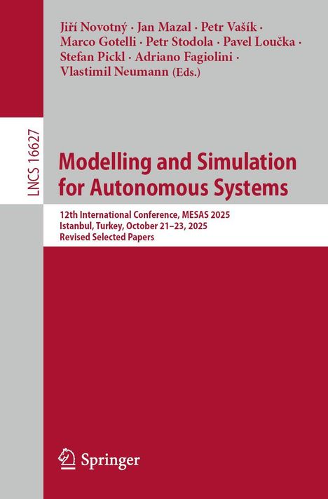 Text: "Modelling and Simulation for Autonomous Systems", "Springer". Graues Layout mit rotem Text und rotem Logo.