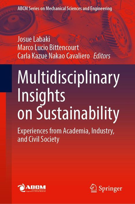 Text: "Multidisciplinary Insights on Sustainability: Experiences from Academia, Industry, and Civil Society". Zeichnungen von Zahnrädern.