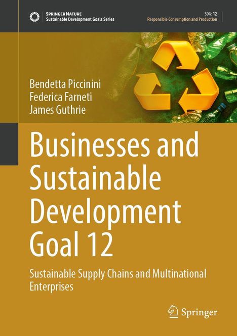 Buchtitel: "Businesses and Sustainable Development Goal 12". Gelbes Cover, Recycling-Symbol, Plastikflaschen im Hintergrund.
