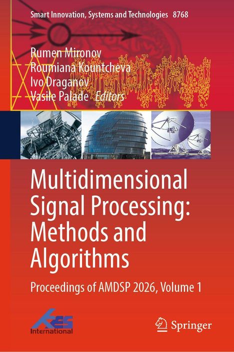 Titel: "Multidimensional Signal Processing: Methods and Algorithms". Cover in Rot mit technischen Illustrationen und drei Fotos von Gebäuden und Satellitenschüsseln.