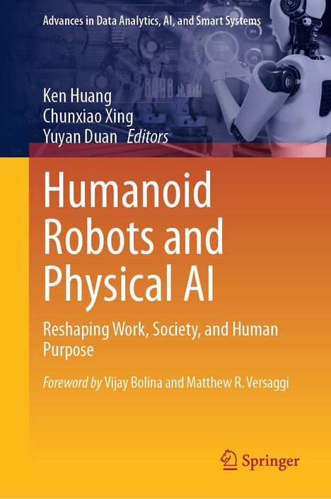 Titel: Humanoid Robots and Physical AI. Hintergrund: Roboter mit digitalen Anzeigen, Logo unten rechts.