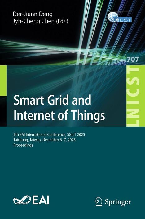 "Smart Grid and Internet of Things" steht in großen Buchstaben. Wissenschaftliches Cover mit farbigen Linien und Logos.