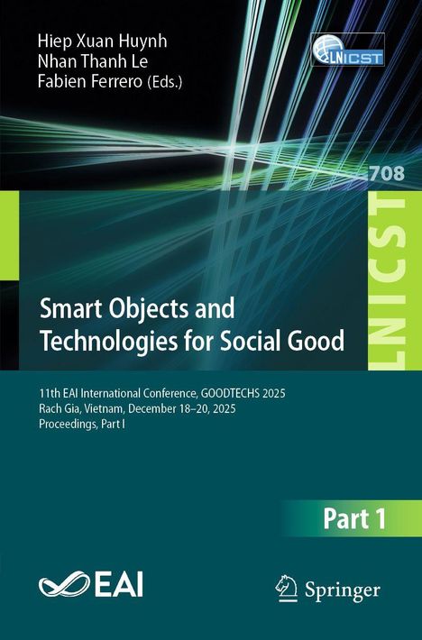 Text: "Smart Objects and Technologies for Social Good." Konferenzdetails sind angegeben. Grafik mit Linien in Grün und Blau.