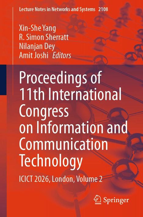 Proceedings des 11. Internationalen Kongresses zu ICICT 2026, London, Band 2. Roter Hintergrund mit Molekülmuster.