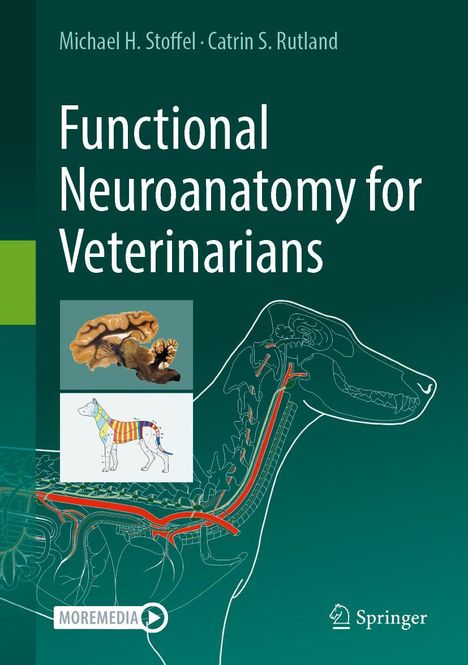 „Functional Neuroanatomy for Veterinarians," Illustrationen von Gehirn und Hundekontur mit Nervenbahnen, Logo unten rechts.