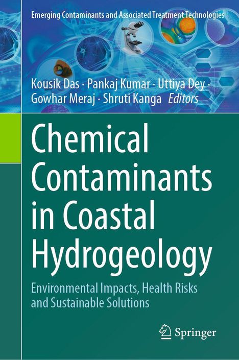 „Chemical Contaminants in Coastal Hydrogeology“ steht in großer Schrift, darunter „Environmental Impacts, Health Risks and Sustainable Solutions“. Oben farbige wissenschaftliche Illustrationen. Unten Springer-Logo.