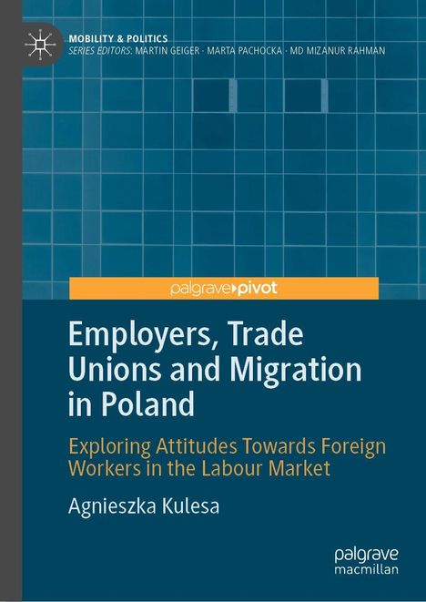 Blaues Cover mit weißem Titel: "Employers, Trade Unions and Migration in Poland". Autor: Agnieszka Kulesa.