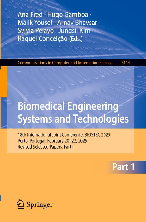 "Biomedical Engineering Systems and Technologies" steht vor einem blauen, strukturierten Hintergrund. Springer-Logo unten.