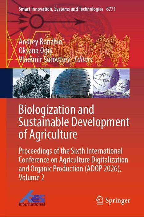 "Biologization and Sustainable Development of Agriculture" steht auf orangefarbenem Hintergrund mit technischen Illustrationen.