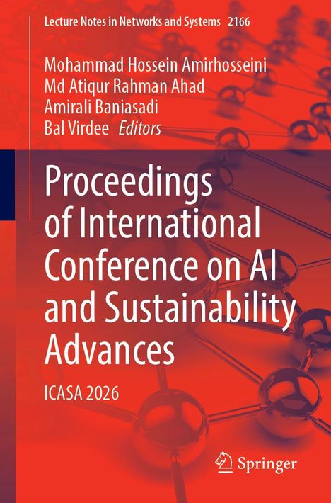 "Proceedings of International Conference on AI and Sustainability Advances ICASA 2026." Rotes wissenschaftliches Cover mit Molekülstruktur.