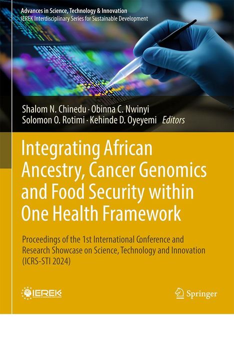 Ein wissenschaftliches Buchcover über afrikanische Abstammung, Krebsgenomik und Ernährungssicherheit; enthält ein IEREK-Logo.