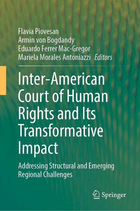 Buchtitel: "Inter-American Court of Human Rights and Its Transformative Impact". Grüne abstrakte Hintergrundgestaltung.