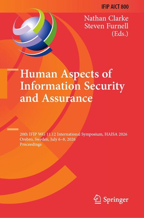 Titel: Human Aspects of Information Security and Assurance. Rotes und oranges Design, Kugel mit farbigen Bändern.