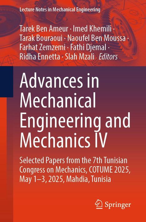 Text: "Advances in Mechanical Engineering and Mechanics IV". Rot-orange Hintergrund mit technischen Zeichnungen.