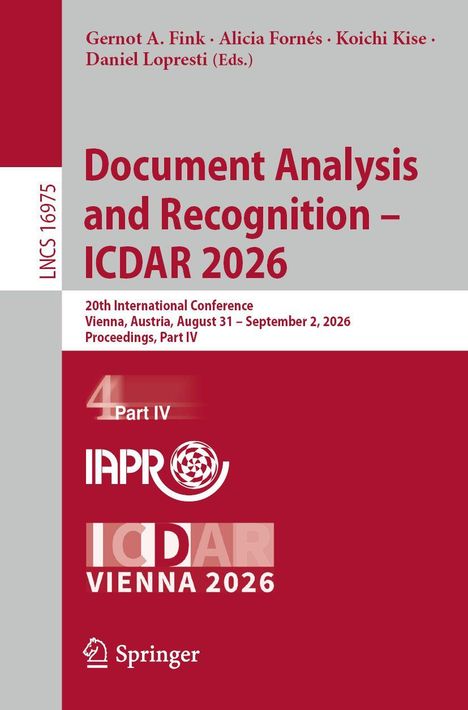 ICDAR 2026 Konferenzcover, Namen von Herausgebern, Details zu Ort und Datum der Konferenz. Logo von Springer unten.