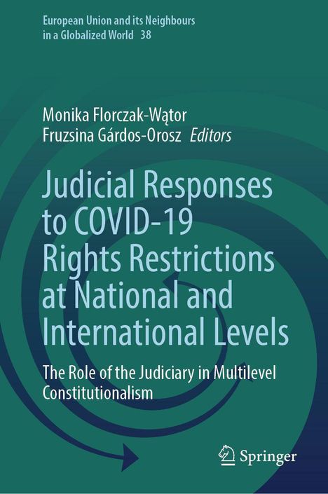 "Judicial Responses to COVID-19 Rights Restrictions at National and International Levels" - Buchcover mit blauem Hintergrund.