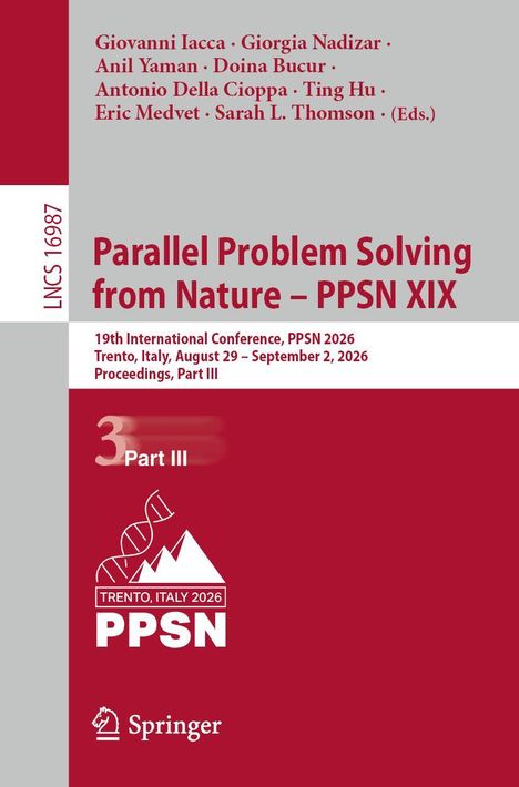 "Parallel Problem Solving from Nature – PPSN XIX", Konferenzdetails, Illustration: DNA-Helix und Berg, Logo: Springer.