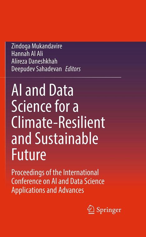 Buchtitel: "AI and Data Science for a Climate-Resilient and Sustainable Future". Roter Hintergrund, Springer-Logo.
